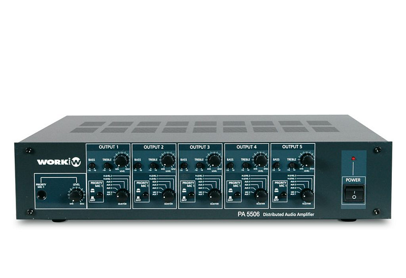 Фото Work PA 5506  трансл. усилитель мощности, 5 выходов по 50Вт, 8 Ом, 70/100 В. 2микр. +4 лин. + 2AUX HL